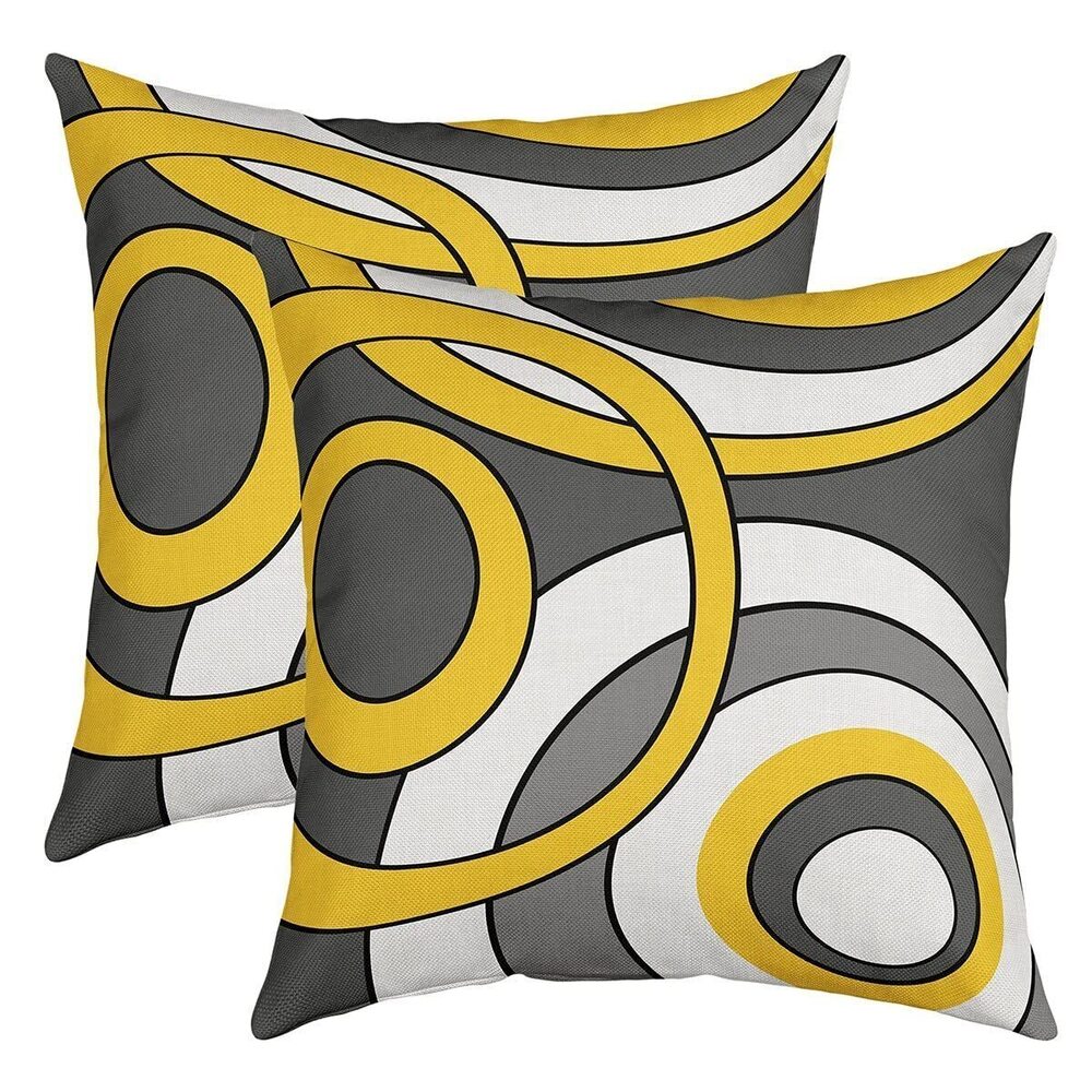 2642 Set of 2 Circle Pillow Covers Stripes Line Art Cushion Covers,Yellow